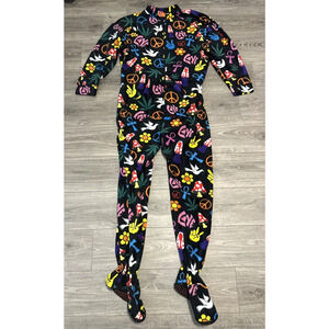 Adult One Piece Zip Jumpsuit Costume - Peace Love‎ Design, Large with Footies
